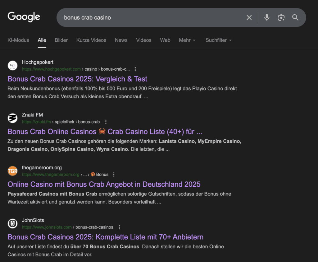 Diamo un’occhiata ai risultati di Google per la chiave Bonus Crab Casino