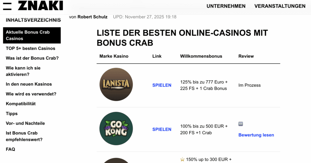 Sito web: znaki.fm — Elenco dei migliori casinò online con Bonus Crab